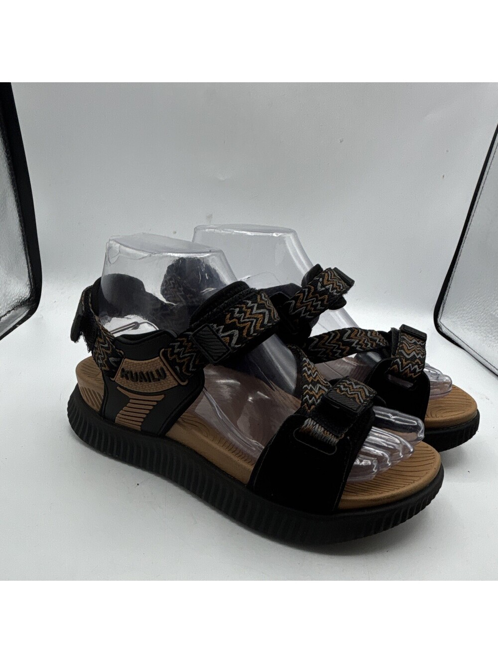 KUAILU Strappy Hook & Loop Sandals Adjustable Straps Black/Brown Women US 6